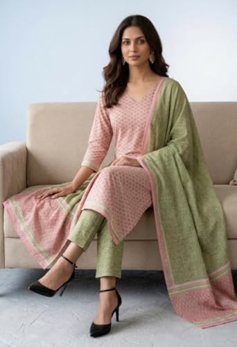 Image of Eddika women unstitched hand block printed cotton suit set with mulmul dupatta ehbpcswmd0120P