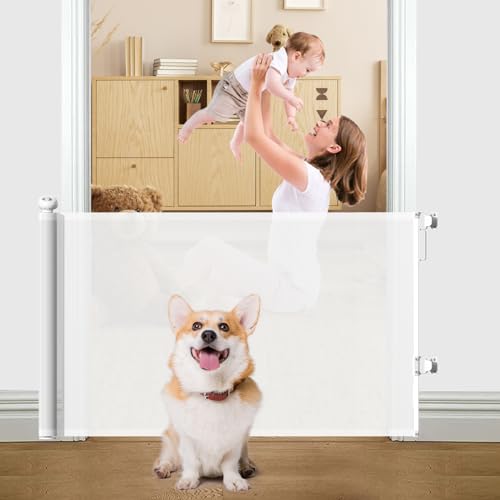 LOMOOE Retractable Baby & Dog Gate, 33' Tall, Extends to 55' Wide, White, Mesh Safety Gate for Stairs, Indoor/Outdoor, Doorways, Hallways