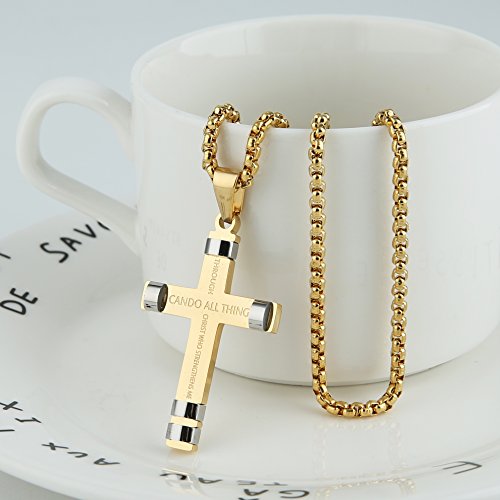 Image of HZMAN Philippians 4:13 Cross Pendant STRENGTH Bible Verse Stainless Steel Necklace 3 Colors Available