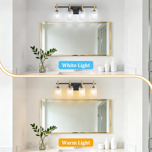 Image of 4-Light Modern Bathroom Vanity Light,Black and Gold Light Fixtures for Bathroom,Modern Wall Light Over Mirror with White Linen Frosted Glass E26 Socket (Bulbs Not Included)