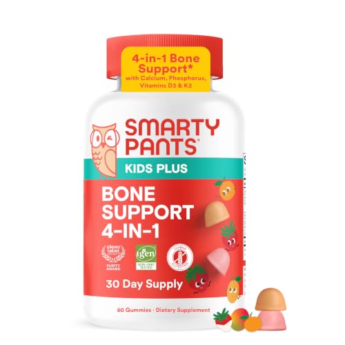 SmartyPants Kids Bone Support 4-in-1 Gummies with Calcium Vitamin D3 K2 & Phosphorus for Growing Bones Strawberry Mango 60 Count (30 Day Supply)