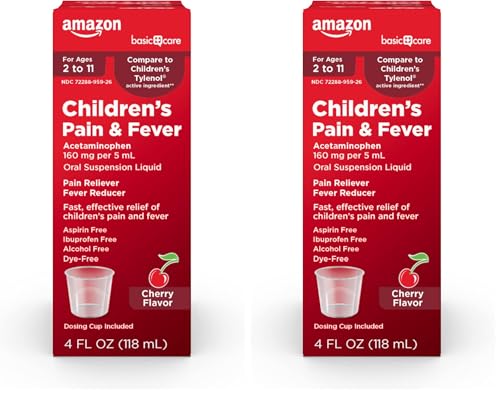 Image of Amazon Basic Care Children's Pain Reliever & Fever Reducer, Acetaminophen 160 mg per 5 mL Oral Suspension Liquid, Dye-Free Cherry Flavor, for Headache & Sore Throat, 4 fl oz, (Pack of 2)