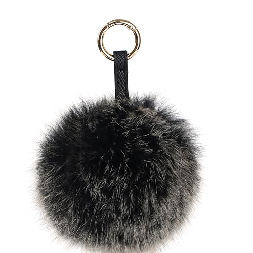 Pom Pom Keychain Fluffy Real Fox Fur Ball Keychain for Women Bag Purse car key Charms Black01 5.1inch