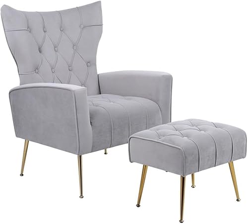 Devion Furniture Silla decorativa tapizada de terciopelo de 29 pulgadas de ancho con cojín cuadrado y otomana en acabado gris y dorado