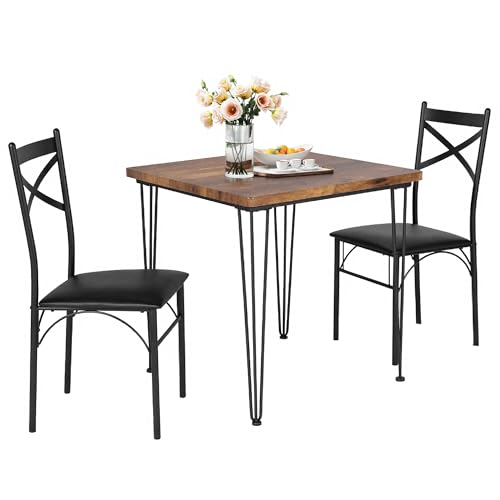 VECELO Kitchen Dining Room Table Set with 2 Chairs for Small Space, Apartment,Metal Steel Frame