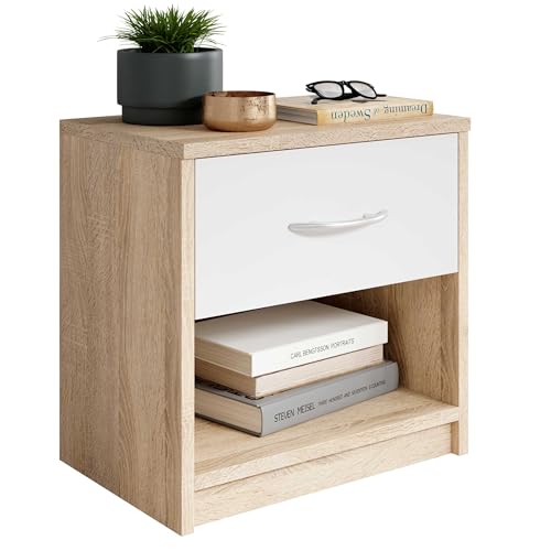 Stella Trading PEPE Table De Chevet, Aspect Chêne Sonoma, Blanc, Table De Nuit Sobre Avec 1 Tiroir,...
