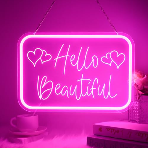 Image of VIKLIU Hello Beautiful Neon Signs for Wall Decor,Pink Led Neon Sign for Teen Girls Dimmable Led Lights Signs for Aesthetic Room Girls Bedroom Decor, Beauty Salon,Party