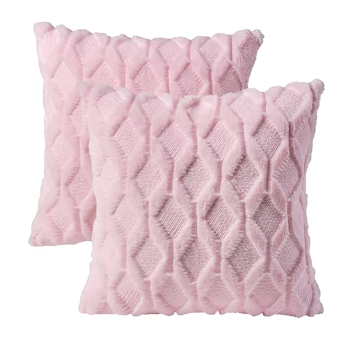 Volcanics Pack of 2 Faux Wool Throw Pillow Covers 20x20 Inches Decorative Farmhouse Velvet Couch Pillow Case Soft Plush Square Boho Cushion Pillowcase, Light Pink