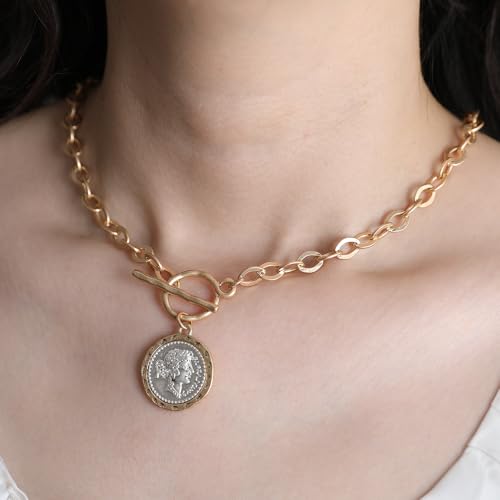 Chunky Gold Coin Necklace for Women Silver and Gold Chain Pendant Necklaces 18 Inch Antique Toggle Thick Link Fashion Jewelry Gift for Women3