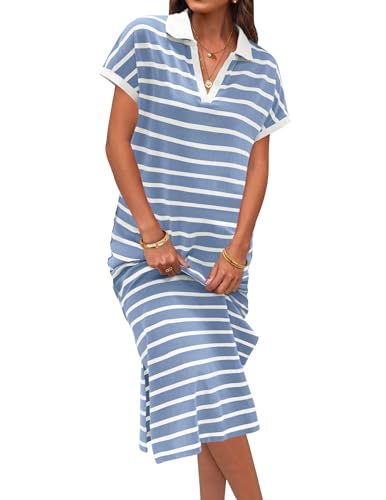 MEROKEETY Women's 2025 Summer Stripe Dress Cap Sleeve Lapel Split Loose Boho Vacation Long Dresses, Dustyblue, L