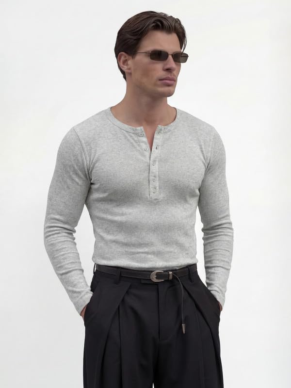 Image of FUGAZEE 100% Cotton Light Grey Ribbed Henley Long Sleeves T-Shirt | Muscle fit