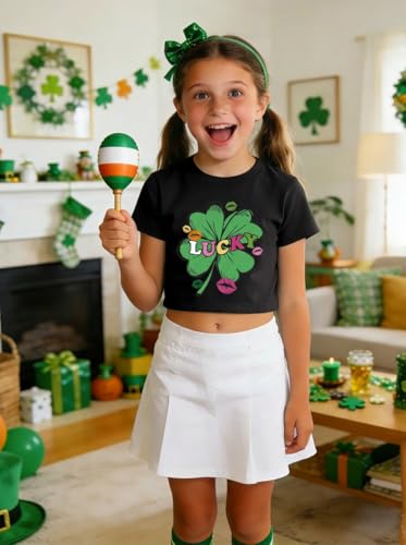 Image of Girls Crop Tops St Patricks Day T-Shirts Lucky Clover Short Sleeve Shirts Kids Shamrock Tees 5-14 Years