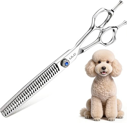 ULG Curved Dog Shears for Grooming 7 Inch Professional Straight Chunker Dog Grooming Scissors for Trimming and Cutting Japanese Stainless Steel Pet Hair Scissors 65%-75% Thinning Rate