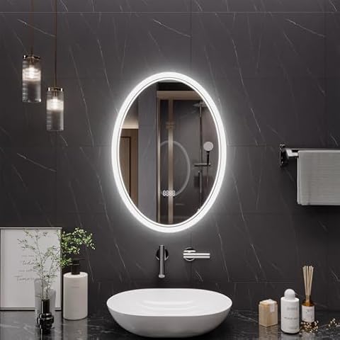 YIDABATH LED Bathroom Mirror with Front Light and Backlit, 24x32 Inch Oval Makeup Mirror, 3 Colors & Stepless Dimmable Lighted Vanity Mirrors, Digital Time & Temp Display, Anti-Fog Cover