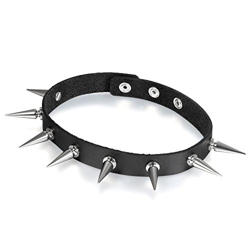 Flongo Gothic Black Rivet Leather Spiked Necklace Neckband Choker, Unisex Spike Studded Punk Rock Biker Wide Strap Leather Collar Necklace, Rivets Spiked Accent Leather Choker (Newest Upgrade Model)