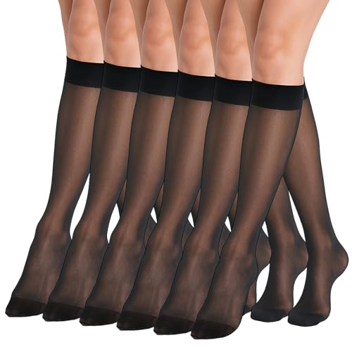 Image of 6 Pairs Sheer Knee High Stockings for Women,Black Nylon Knee Highs, Hose Hosiery Stockings