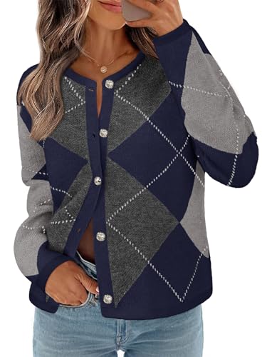 MEROKEETY Women's Long Sleeve Cardigan Sweaters 2024 Trendy Open Front Checkered Knit Button Up Jackets