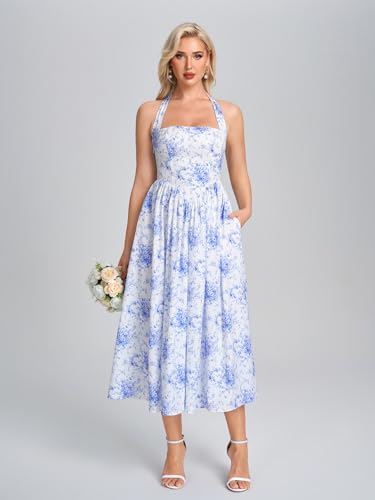 Image of Parthea Women's Floral Halter Corset Midi Dress 2026 Elegant Smocked Flowy Wedding Guest Dresses with Pockets