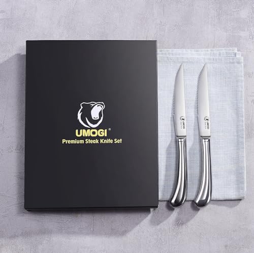 UMOGI Steak Knives Set of 6 - High Carbon Stainless Steel, Dishwasher Safe - Polished Shiny Blade & Handle, Serrated Edge - Kitchen Table Knife Set, 4.5’’ Dinner Knife Non Straight - Thumbnail 5