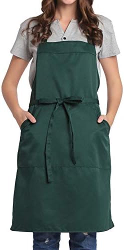 BIGHAS Adjustable Bib Apron with Pocket Extra Long Ties for Women Men, 18 Colors, Chef, Kitchen, Home, Restaurant, Cafe, Cooking, Baking (Dark Green)