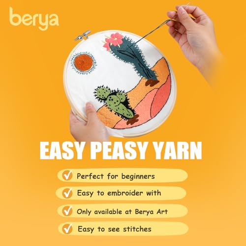 Image of BERYA Funny Cactus Embroidery Kit with Embroidery Hoop, Easy Embroidery Kit for Beginners, Include Instructions, Display Stand, Printed Cloth, Threads and Tools - with Video Tutorials (BEC003)