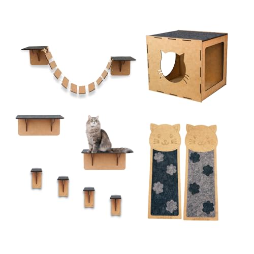 BOXFAN Playground Para Gato 10 Peças Nicho Ponte Prateleira Degrau Carpete Arranhador De Chão/Parede