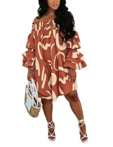 Image of WOKANSE Women's Casual Plus Size Shirred Dresses Off Shoulder Bell Sleeves Ruffle Loose Stretchy Neck Midi Dress