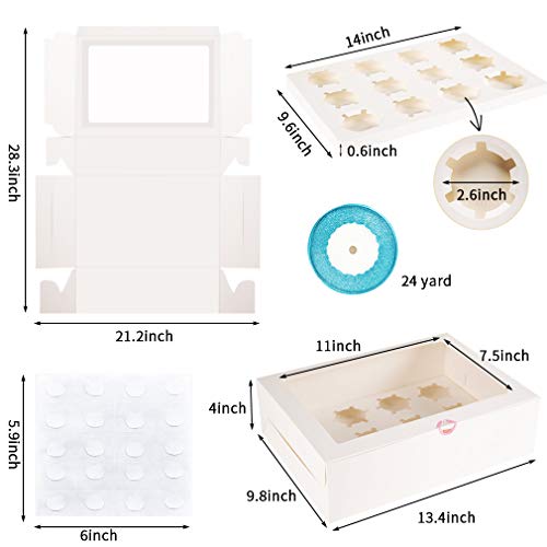 YunKo 15 Pack Dozen Cupcake Boxes White Cupcake Containers with Window Fit 12 Cupcakes or Muffins