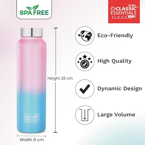 Image of CLASSIC ESSENTIALS Spring Stainless Steel Water Bottle 1000 ml | Best Usage for Office /School /College /Gym / /Home /Fridge | Leak Proof, Eco-Friendly | (Pink Blue) (Set of 1)