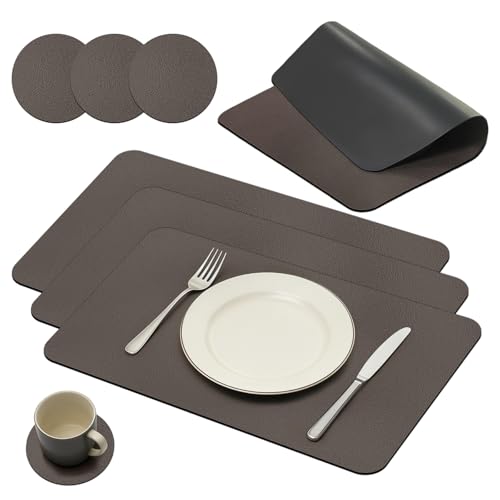 Image of Placemats, Table Mats with Coasters PU Leather, Heat-Resistant Washable Non Slip Dinner Table Mats for Kitchen, Ideal Placemats Sets (4 Pcs, Black)