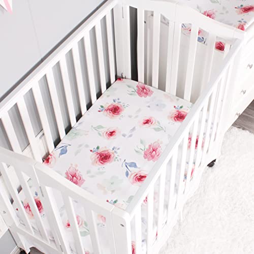 Belsden Pack Of 3 Mini Crib Sheet Set, Pack N Play Sheet Set For Baby Boys And Girls, Cloudy Soft Touch And Machine Washable, Fitted Playard/Portable Crib Sheet, Floral Purple & Pink & Pink Rose #TOP2