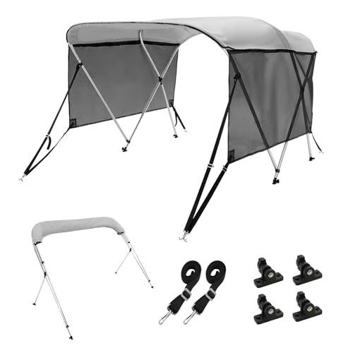 VEVOR 4 Bow / 3 Bow Bimini Tops, Detachable Mesh Sidewalls, 600D Polyester Canopy with 1" Aluminum Alloy Frame, Canvas Top for Boat Includes Storage Boot, 2 Support Poles, 2 Straps, Light Grey by VEVOR - Used condition - US$85.15