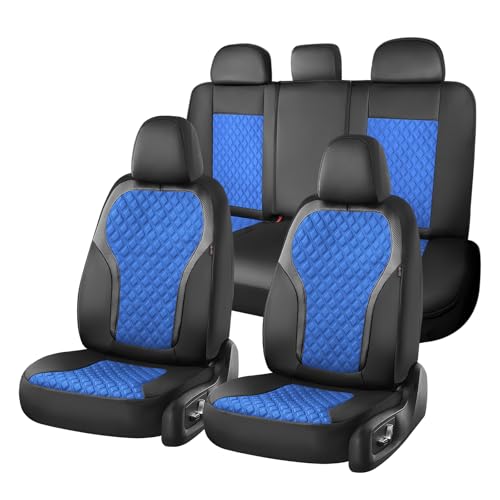 Image of Coverado Seat Covers Full Set, Luxury Diamond Leather Car Seat Cover with Carbon Fiber Textured Design, Waterproof Car Seat Protector, Black&Blue Front and Rear Seat Covers Universal Fit Most Cars