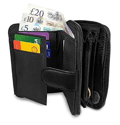 Image of K London Black Leather Small Womens Wallet 2 Zipped Pockets | 6 Card Slots | Compact Ladies Purse (KL 1225 Blk)