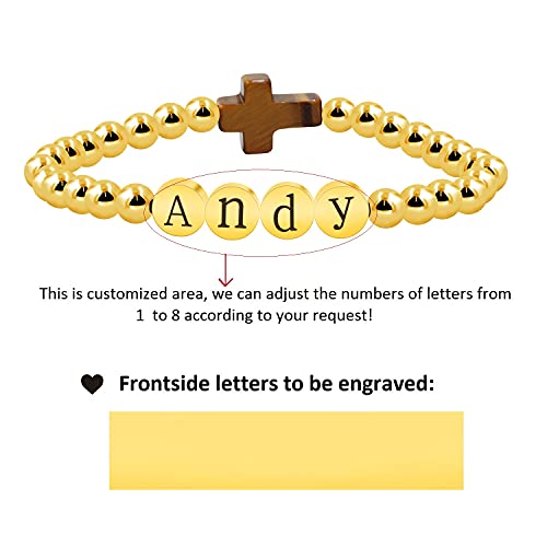 Image of Uloveido Black Agate Side Cross Bracelet Mustard Seed Charms, Personalized Letter A-Z Tiger's Eye Bangle Y944