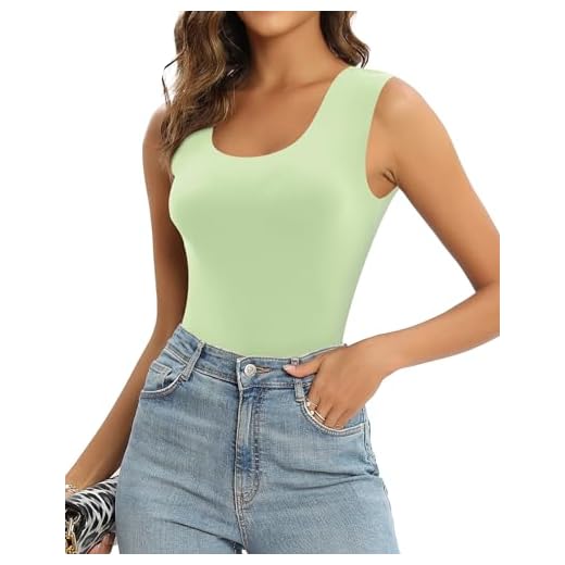MANGOPOP Body feminino com gola redonda, sem mangas, forro duplo, camiseta regata básica, Verde samambaia sem mangas, XXG