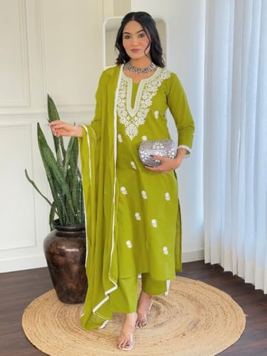 Image of Naixa Women's Pure Cotton Embroidered Straight Kurta with Pant And Dupatta Sets (NX-691)