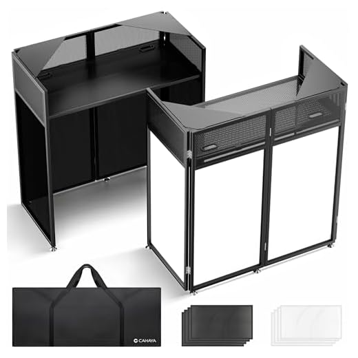 CAHAYA Cabina DJ Portátil – Mesa DJ Plegable con esquinas dobles, t elas de iluminación negra y blanca, bolsa de transporte, orificios para cables, 102×51cm – Ideal para fiestas y eventos