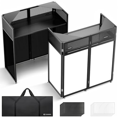 CAHAYA DJ Booth Stand Portable – DJ Table Facade for Laptop & Controller Double Top Corners Black...