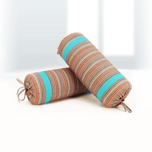 Image of AURAVE Woven Cotton 144 TC Printed Bolster Cover with Drawstring Closure, Set of 2, Soft Breathable Durable Machine Washable for Sofa Bed & Home Decor, 15 inchx30 inch, Aqua | Cover Only