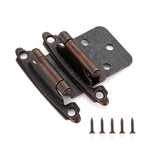 Image of Ravinte 20 Pack (10 Pairs) 1 /2 inch Overlay Cabinet Hinges, Self-Closing Semi-Concealed Face Mount, Antique Copper Decorative Hardware with Door Bumpers for Kitchen & Cupboard Doors