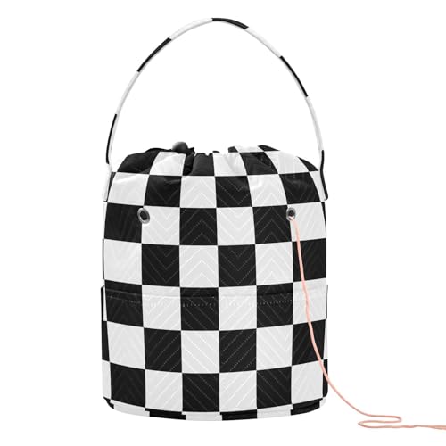 Image of ElliTarr Crochet Bag Yarn Bag with Handle Portable Knitting Project Bag Travel Yarn Storage Organizer Holder Case Checkered Black and White