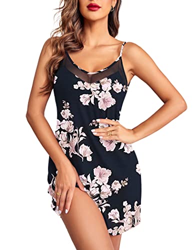 Ekouaer Nightgowns For Women Mesh V Neck Tank Chemise Sleeveless Sleepwear Silp Nighty Dress Cami Lingerie Pajama Nightdress, Floral, Large #TOP12