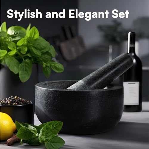 H&S Mortar and Pestle Set - Large Premium Solid Granite Stone Grinder Set - 16cm (6.3") Diameter - for Crushing & Mashing Herbs & Spices - Black