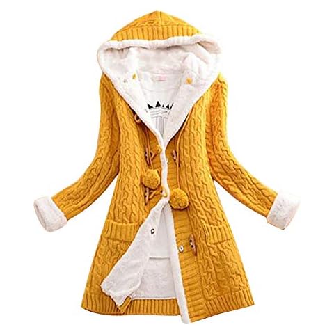 Memela Winter CLothes Women Cable Knit Cardigan Sweater Chunky Open Front Outwear Fleece Lined Warm Hooded Coat Knit Drape Yellow Cover