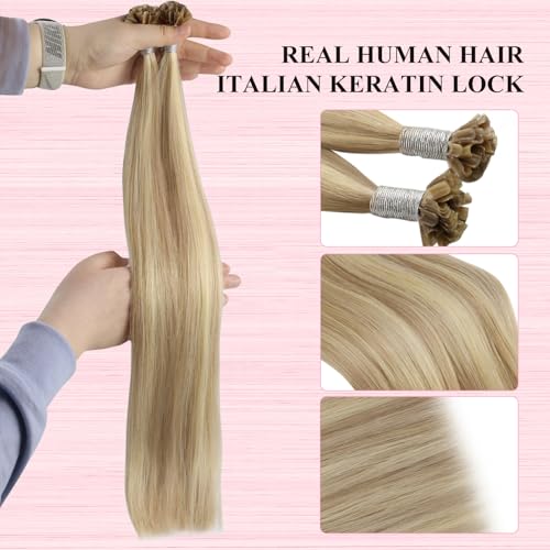 Image of YoungSee U Tip Hair Extensions Human Hair Highlight Golden Blonde and Medium Blonde Ktips Hair Extensions Real Hair 18 Inch U Tips Human Hair Extension Straight K Tip Extension Add Volume 1G /S 50G
