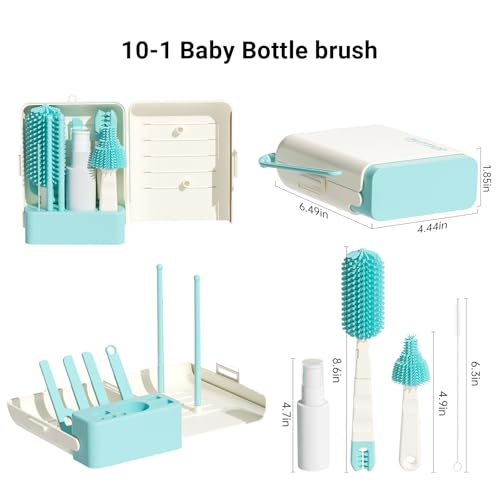 Image of Aynmer Baby Bottle Brush Cleaner Set - 10 In 1 Travel Bottle Cleaning Brush Kit with Silicone Bottle Brush, Nipple Brush, Soap Dispenser, Portable Drying Rack, Breast Pump & Bottle Cleaning Kit -Green