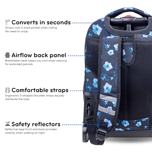Image of J World Sunrise Kids Rolling Backpack with Wheels for Girls Boys, Roller Bookbag for School, 18 x 13 x 9 Inches, Night Bloom