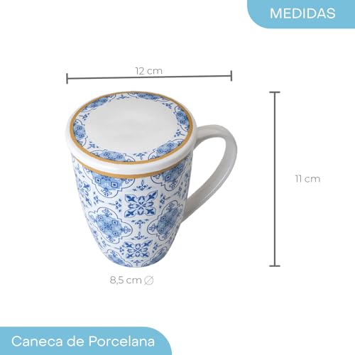 LYOR - Caneca de Porcelana Super White com Tampa e Filtro Lisboa Azul/Branca 310ml
