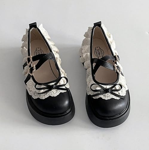 Women Lolita Shoes Heel Mary Jane Lace Pumps with Bow Kawaii Cute Cosplay Wedge Boots Cross Strap Block Heel Sweet Uniform Dress for Prom College Vintage Party Casual3